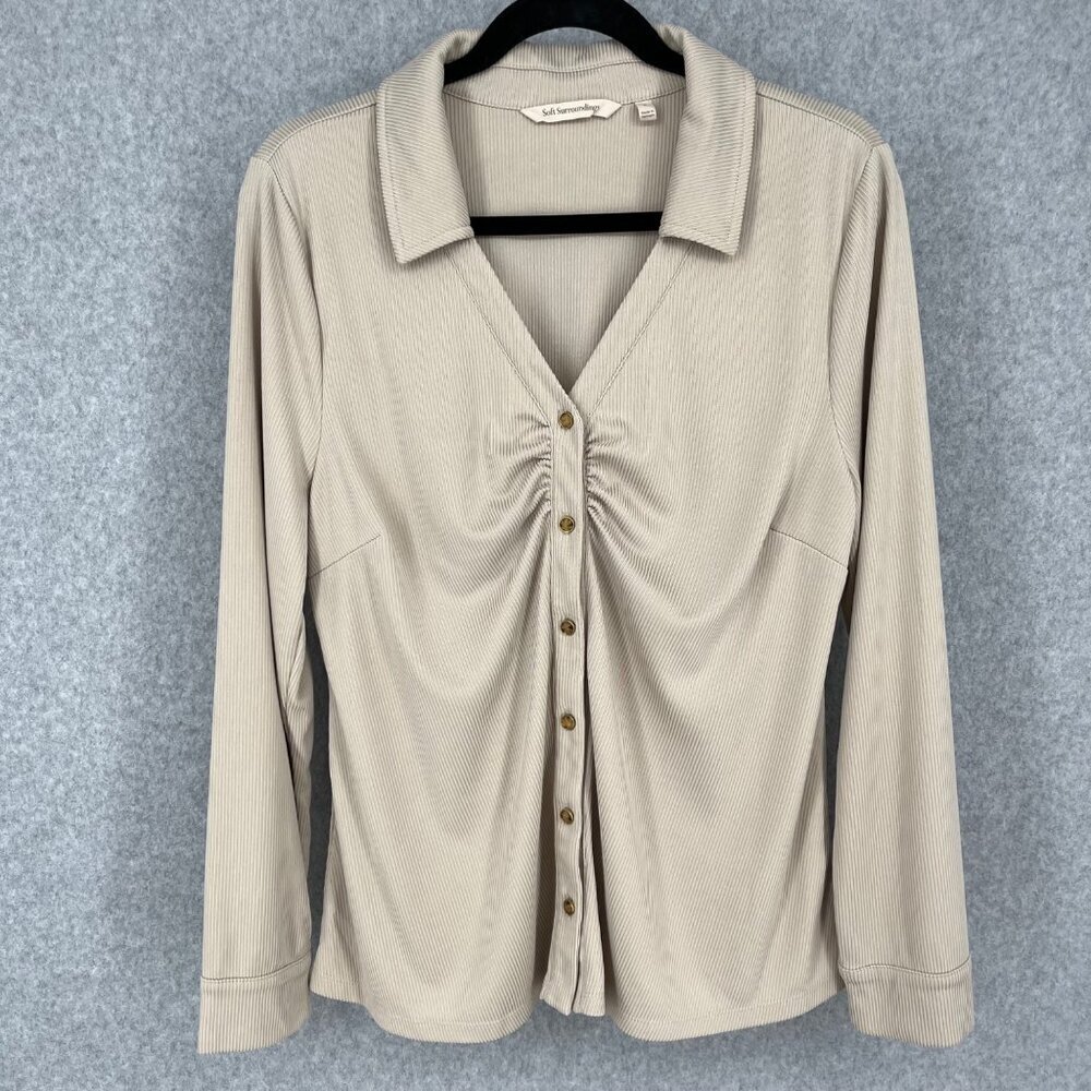 Soft Surroundings Beige Button-Front Long Sleeve Shirt